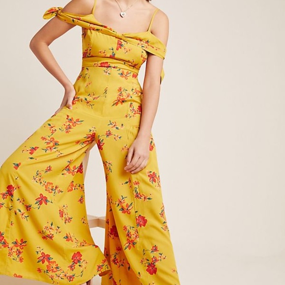 anthropologie gold jumpsuit